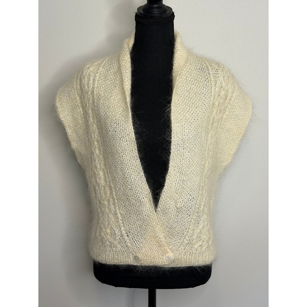 Vintage Linda Allard Ellen Tracy Mohair Blend Hand Knit Cable Vest Cream S